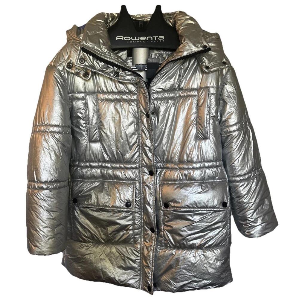 Urban Outfitters Oversized Silver Metallic Hooded Puffer Jacket Small FUTURISTIC - Picture 2 of 9